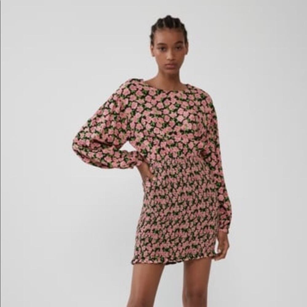 Zara Floral Smocked Mini Dress XS Long Sleeve Cottagecore